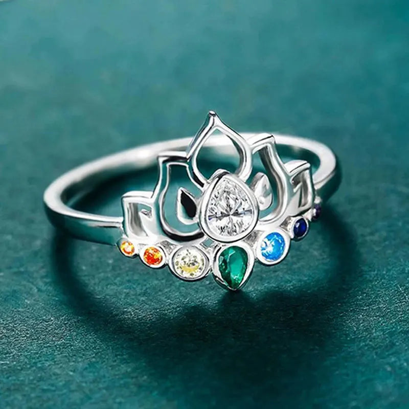 Ring mit 7 Chakra-Stein Lotusblume für Damen Silber