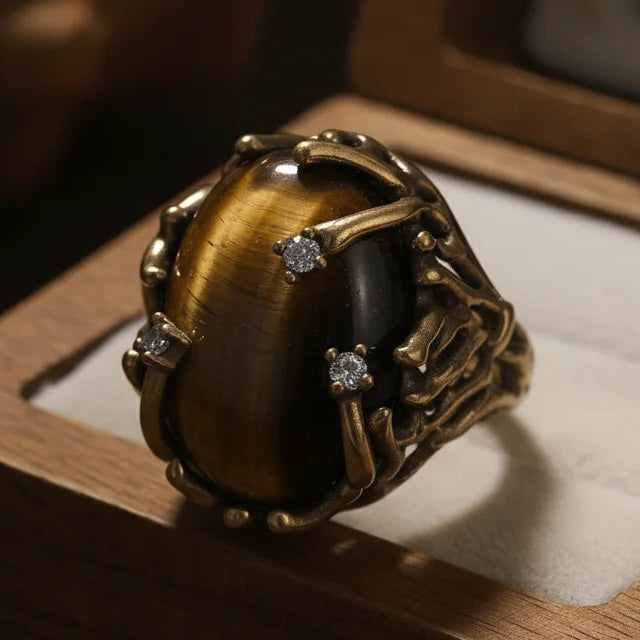 Verstellbarer vergoldeter Ring mit Tigerauge-Stein im Vintage-Stil