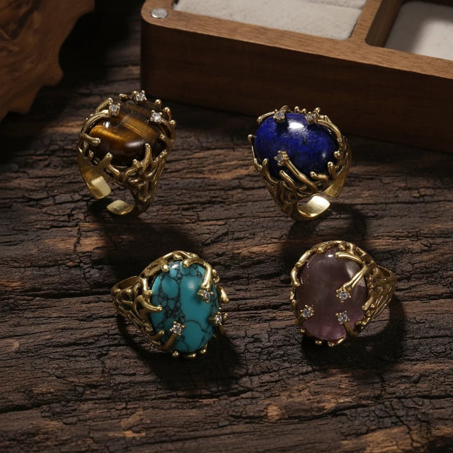 Verstellbarer vergoldeter Ring mit Tigerauge-Stein im Vintage-Stil