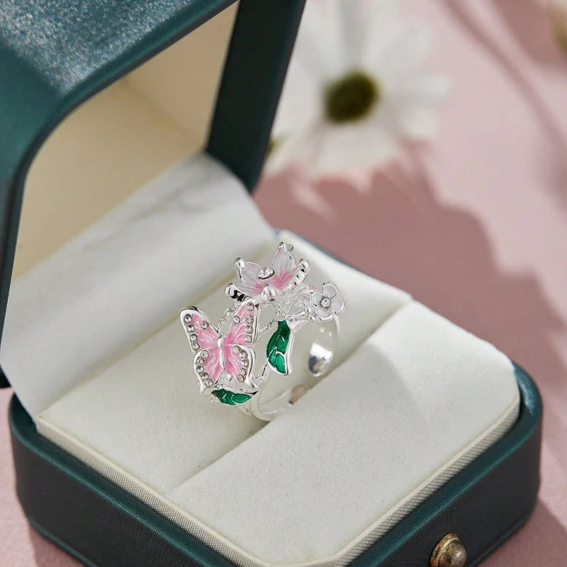 Verstellbarer Ring Kirschblüte und Schmetterling Silber