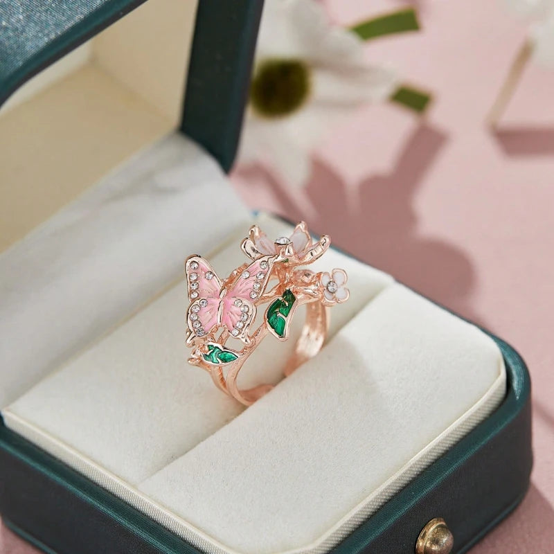 Verstellbarer Ring Kirschblüte und Schmetterling Roségold