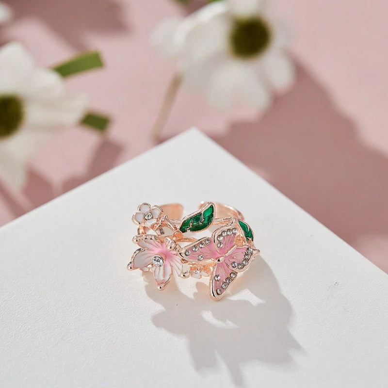 Verstellbarer Ring Kirschblüte und Schmetterling Roségold
