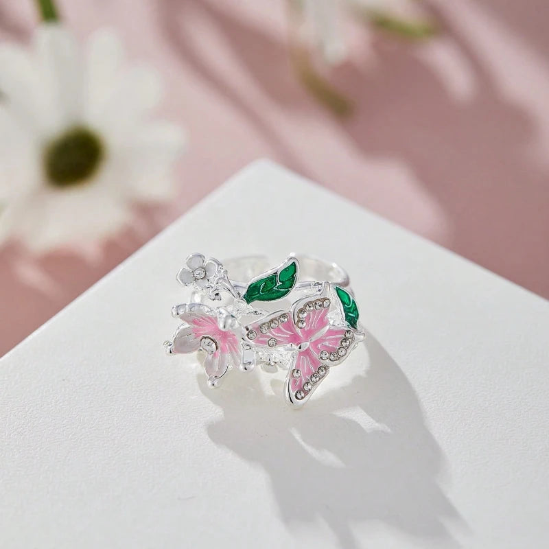 Verstellbarer Ring Kirschblüte und Schmetterling Silber