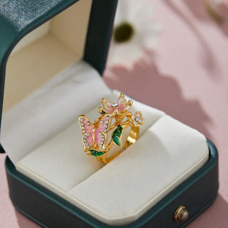 Verstellbarer Ring Kirschblüte und Schmetterling Gold