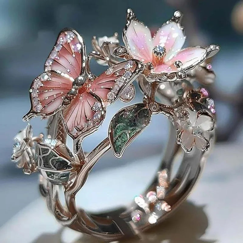Verstellbarer Ring Kirschblüte und Schmetterling Silber
