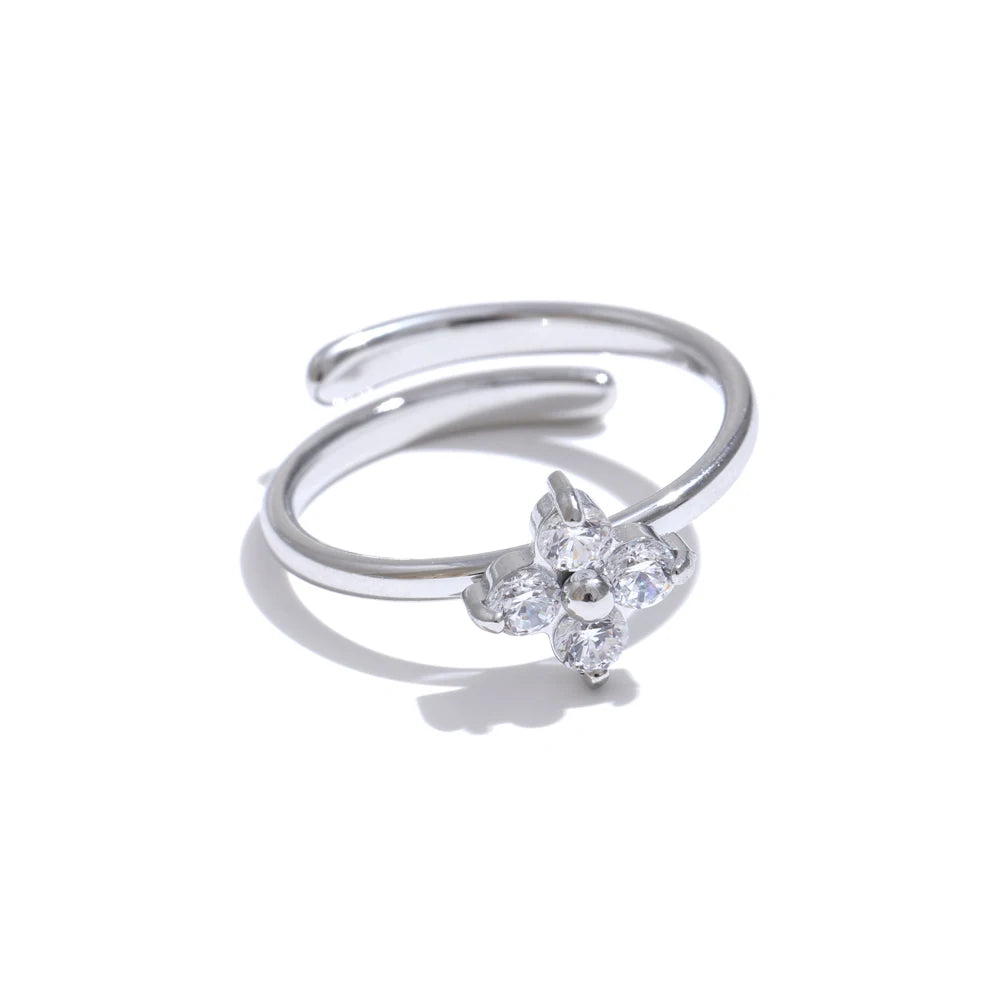Verstellbarer Ring Kleeblatt und Strass Silber