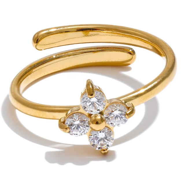 Verstellbarer Ring Kleeblatt und Strass Gold