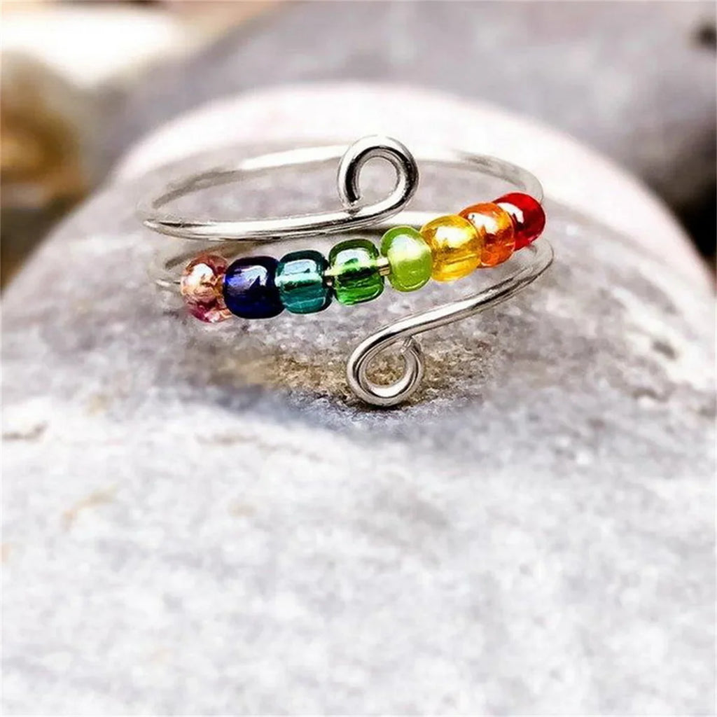 Ring Boho-Stil Anti-Stress drehbare Perlen silber