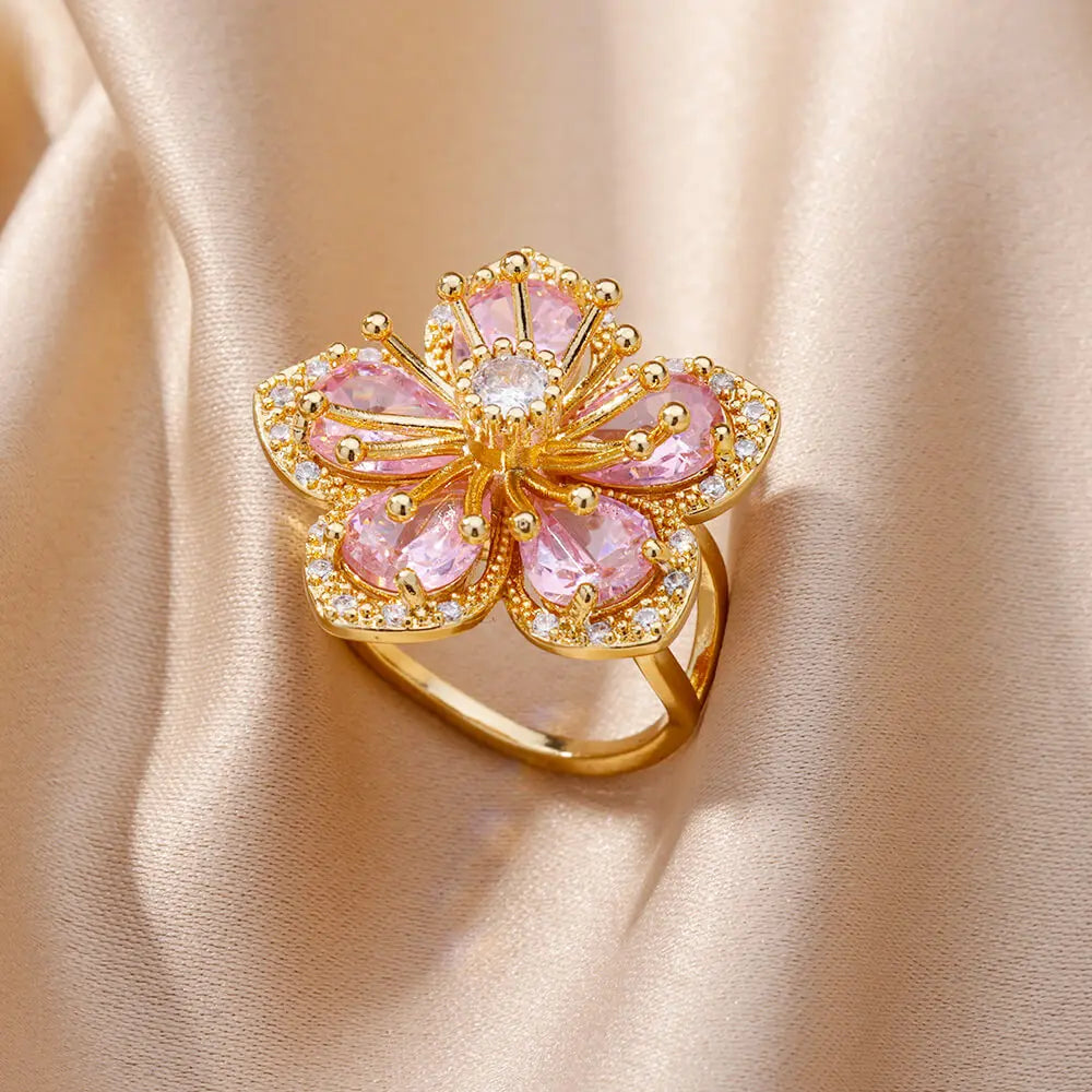 Ring Blumenring 5 Blütenblätter aus rosa Zirkon