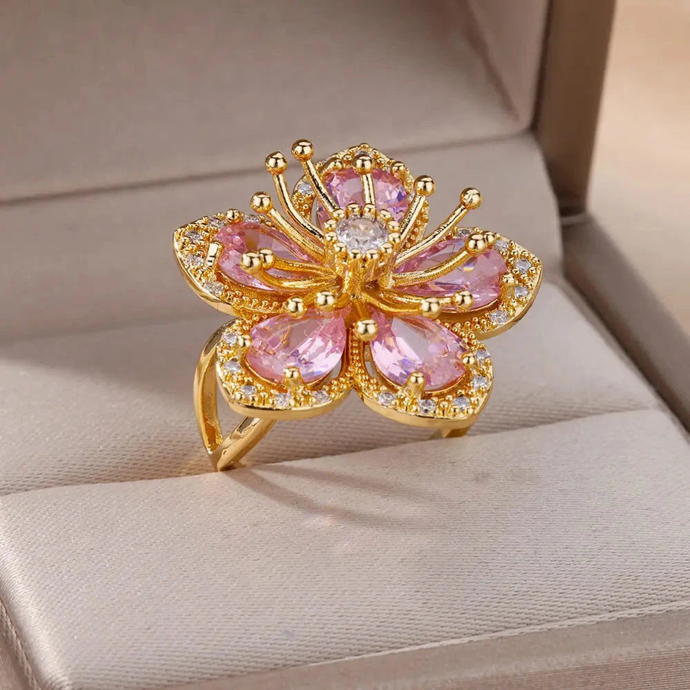 Ring Blumenring 5 Blütenblätter aus rosa Zirkon