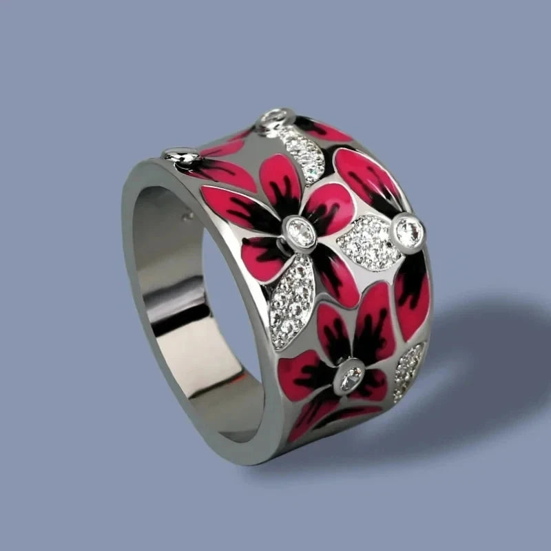 Ring mit roten Blumen und Zirkonia