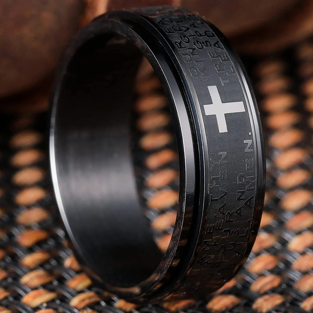 Bague anti-stress rotative avec croix chrétienne noir
