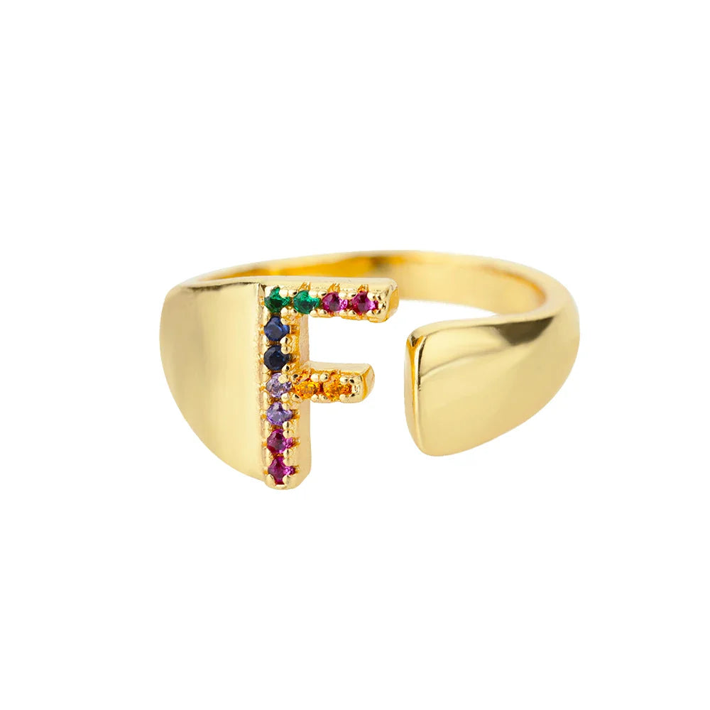 Personalisierter breiter Ring mit Regenbogen-Initiale f