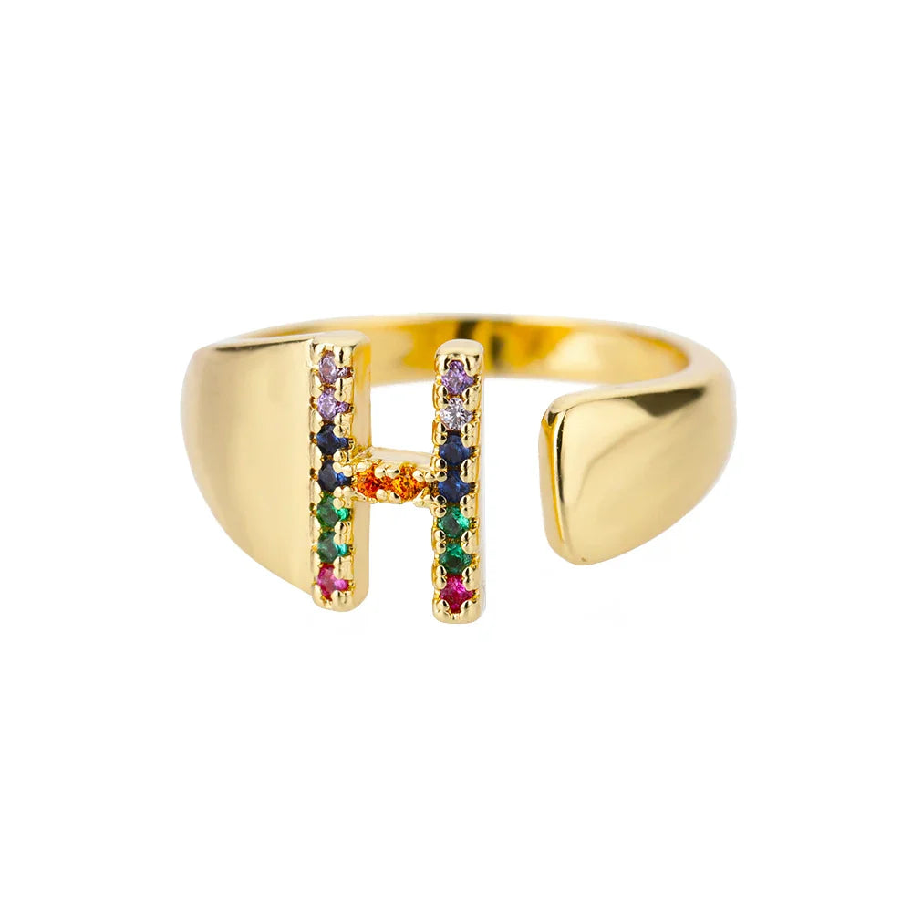 Personalisierter breiter Ring mit Regenbogen-Initiale h