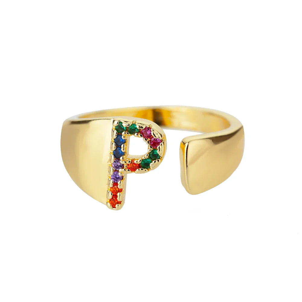 Personalisierter breiter Ring mit Regenbogen-Initiale p