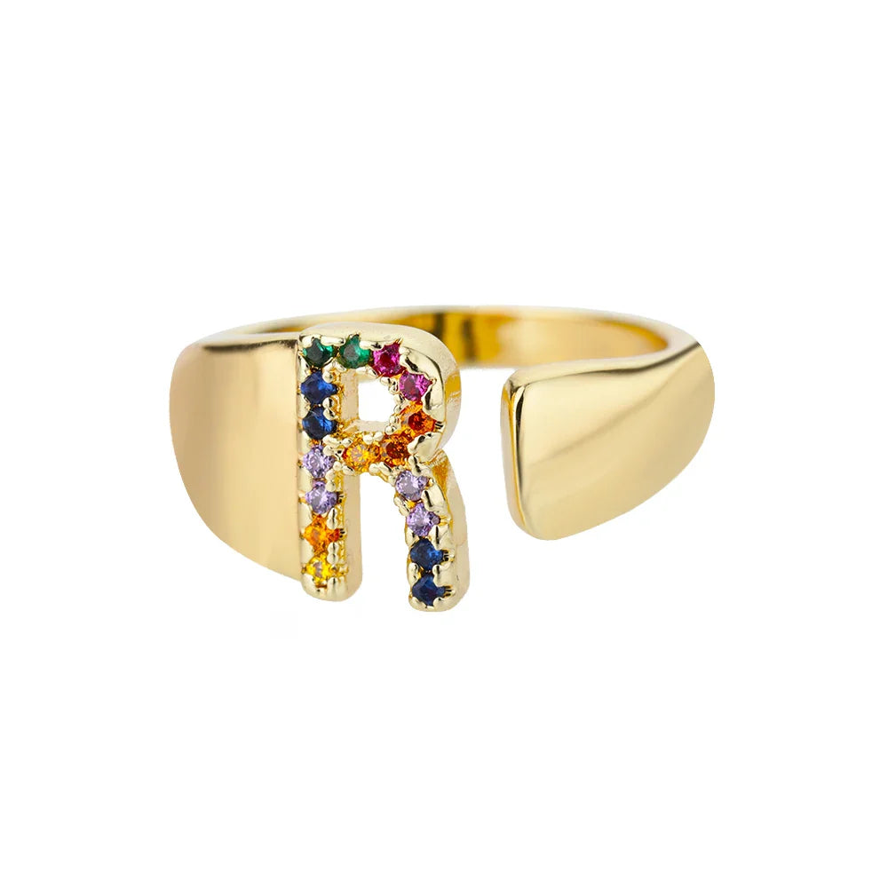 Personalisierter breiter Ring mit Regenbogen-Initiale r