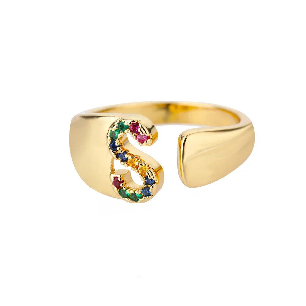 Personalisierter breiter Ring mit Regenbogen-Initiale s