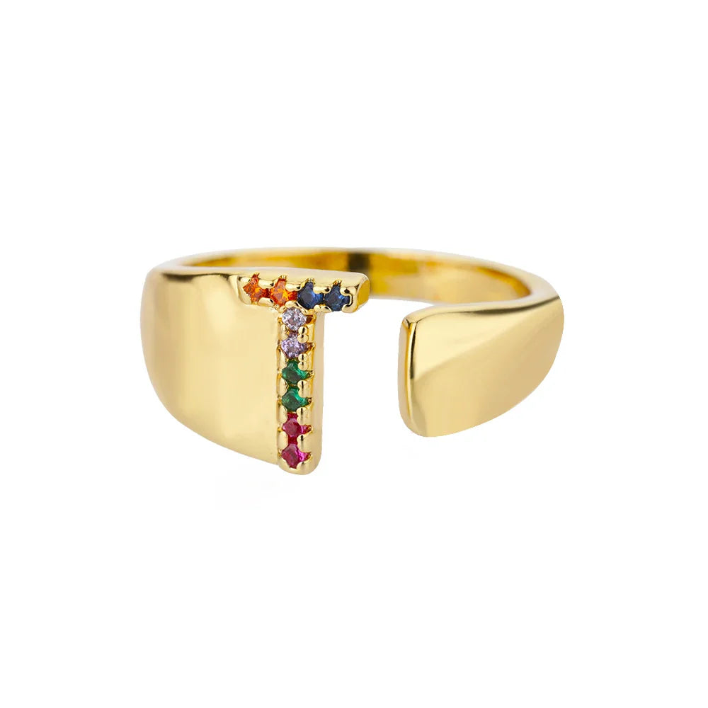 Personalisierter breiter Ring mit Regenbogen-Initiale t