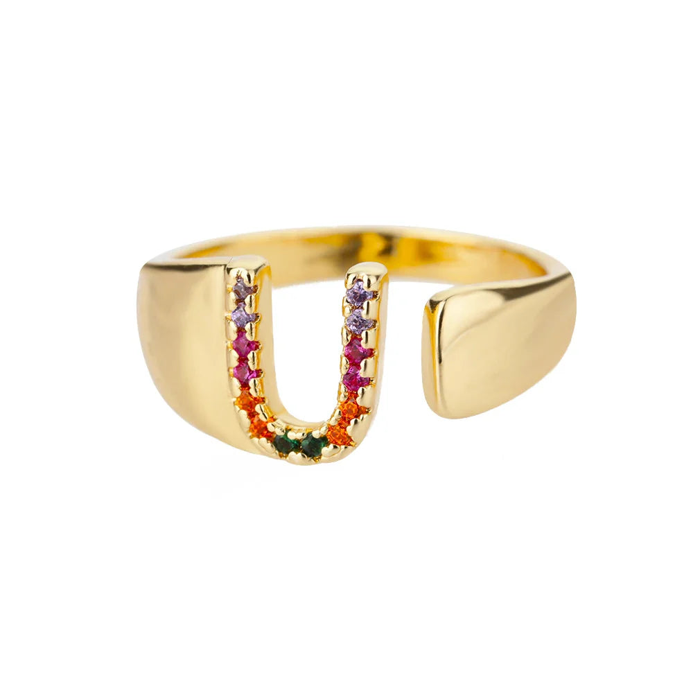Personalisierter breiter Ring mit Regenbogen-Initiale u