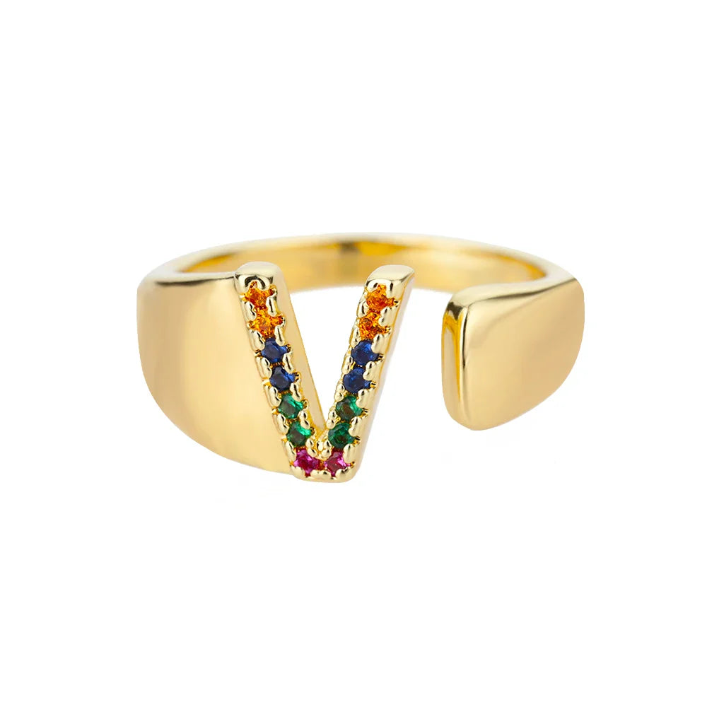 Personalisierter breiter Ring mit Regenbogen-Initiale v