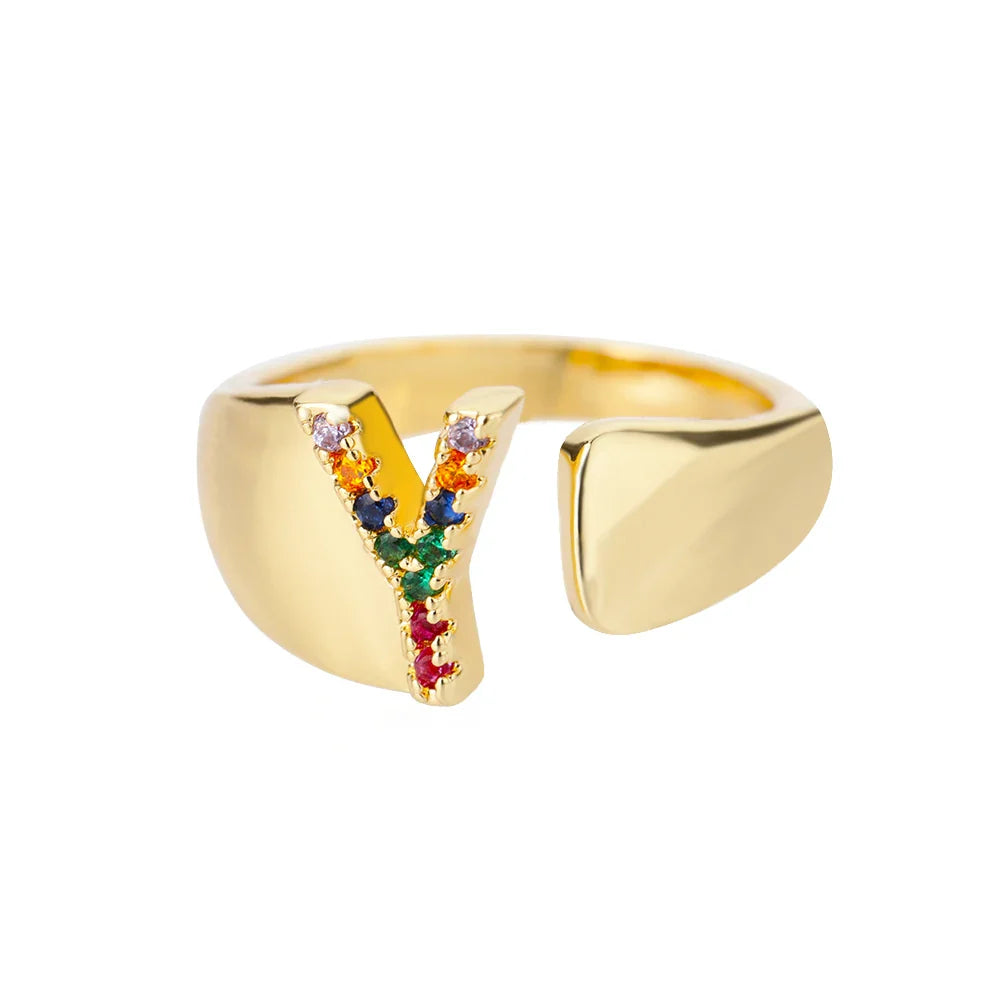 Personalisierter breiter Ring mit Regenbogen-Initiale y