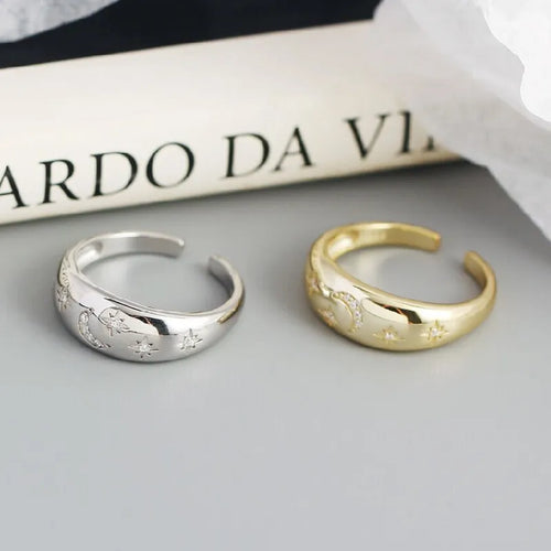 Anello bombato "costellazione" con falce di luna e stelle, set da 2 pezzi