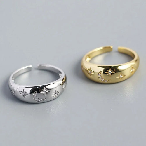 Anello bombato "costellazione" con falce di luna e stelle, set da 2 pezzi
