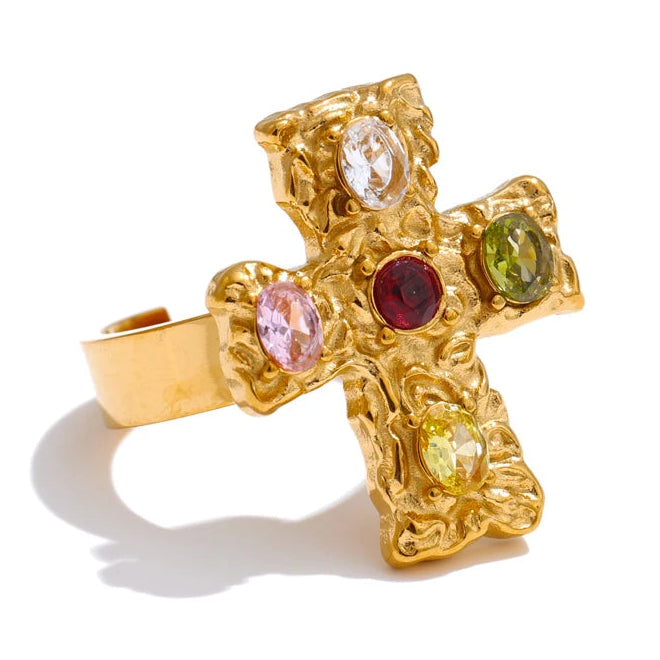 Anello croce con pietre multicolori multicolore
