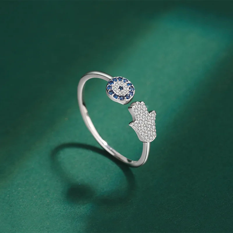 Schutzring für Damen mit arabischer Fatma-Hand in Silber und Blau