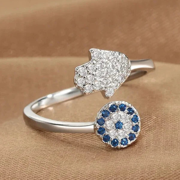Schutzring für Damen mit arabischer Fatma-Hand in Silber und Blau