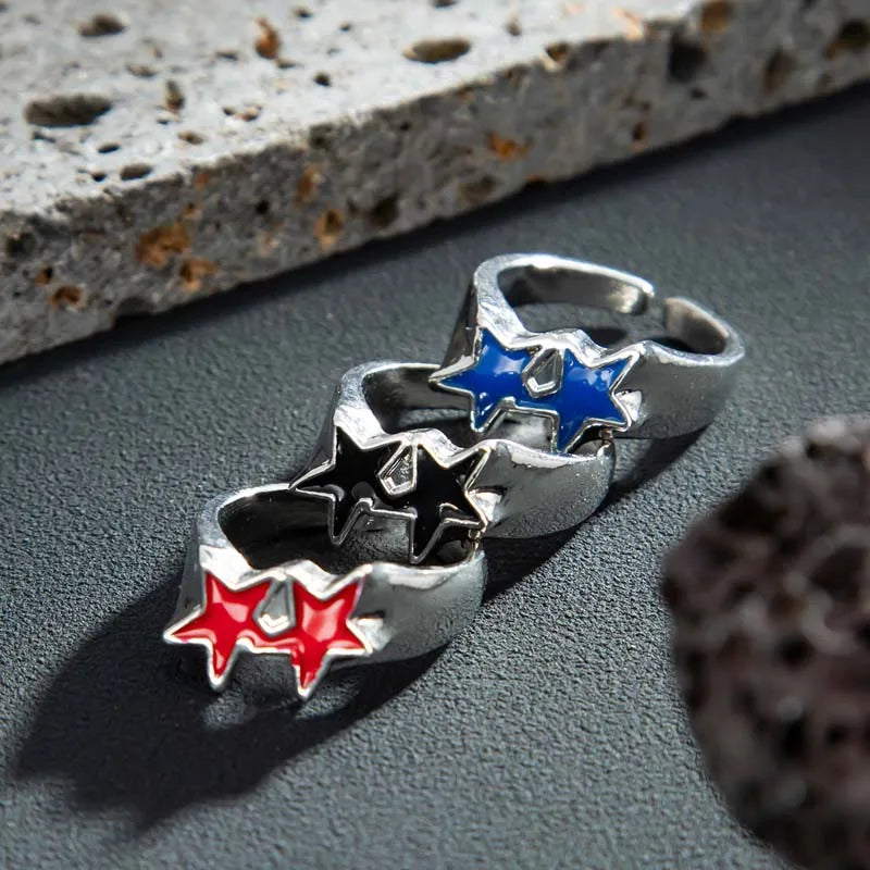Offener Ring mit Zwillingssternen im Retro-Streetwear-Stil Schwarz
