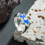 Offener Ring mit Zwillingssternen im Retro-Streetwear-Stil Blau