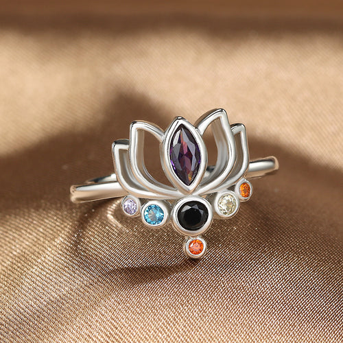 Lotusblumenring 7 Chakren für Damen Silber