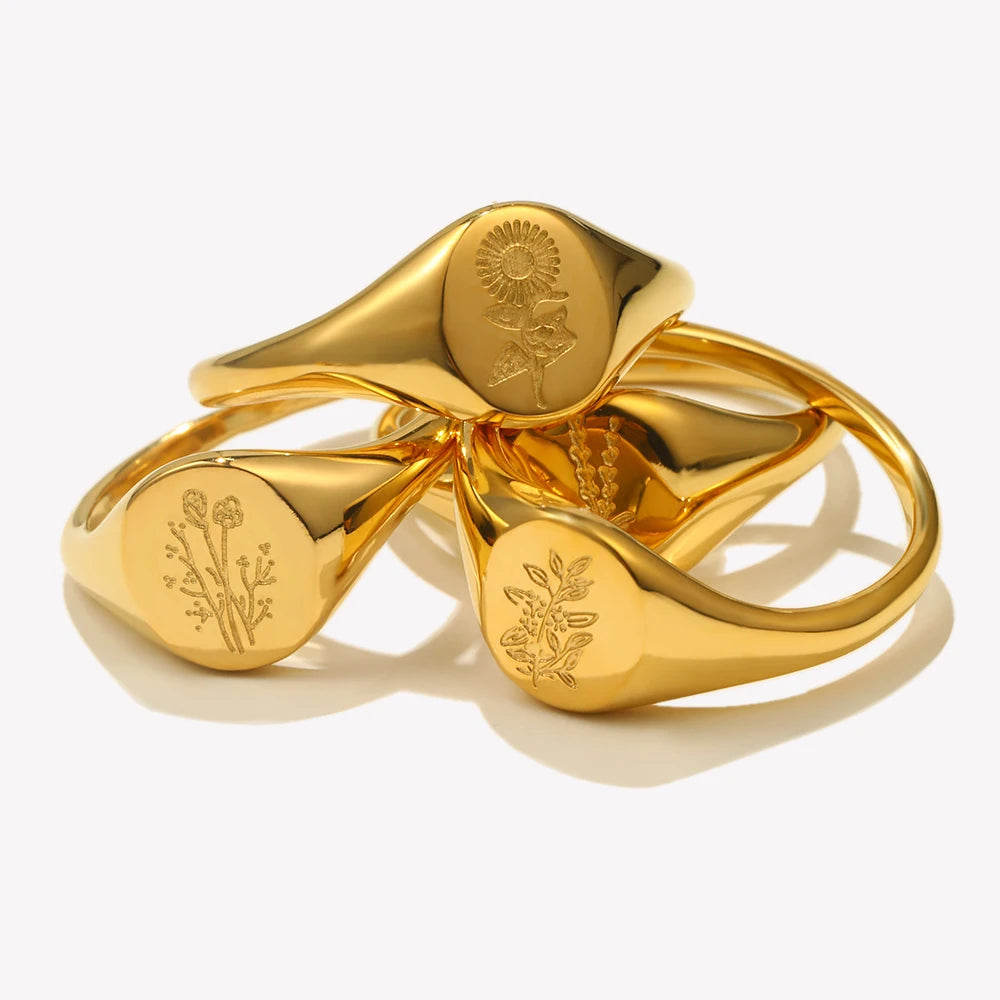 Gravierter Ring Wildblume Teeblatt
