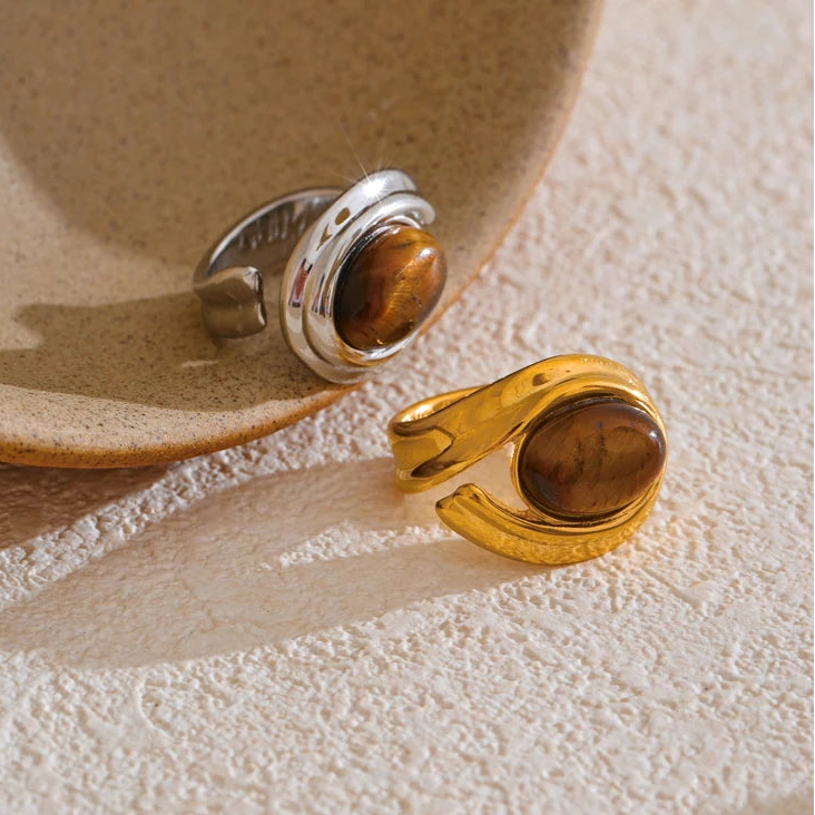 Breiter verstellbarer Ring mit Tigerauge-Stein Silber