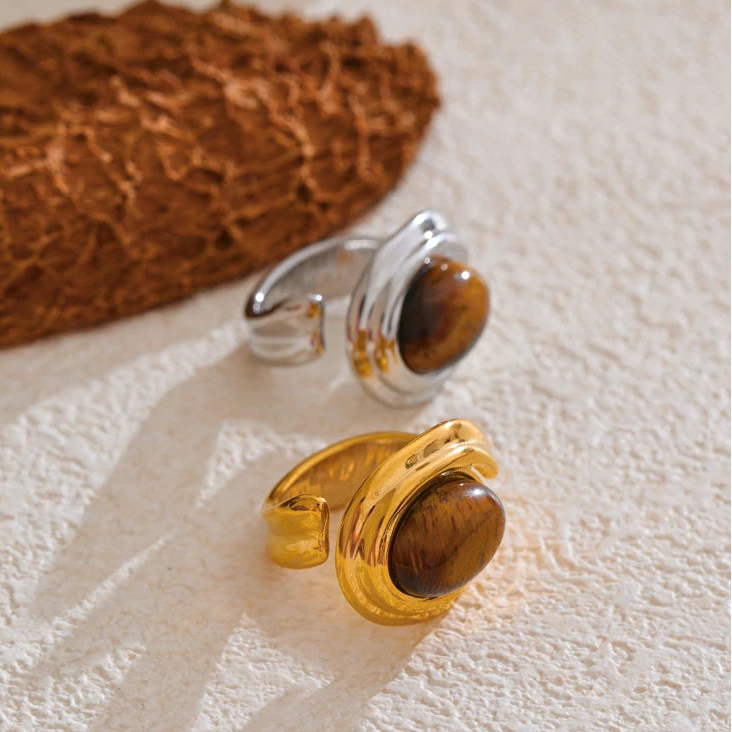 Breiter verstellbarer Ring mit Tigerauge-Stein Gold