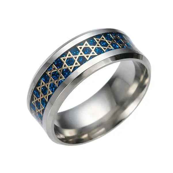 Breiter Herrenring mit <span data-glossary-id="etoiles-de-david">Davidstern</span>, jüdisches Symbol, Blau
