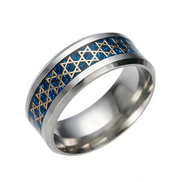 Breiter Herrenring mit <span data-glossary-id="etoiles-de-david">Davidstern</span>, jüdisches Symbol, Blau