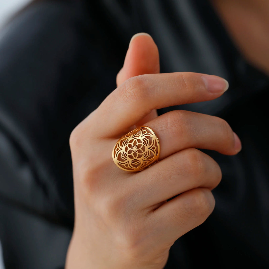 Mandala-Ring für Damen, Blumenring aus Gold
