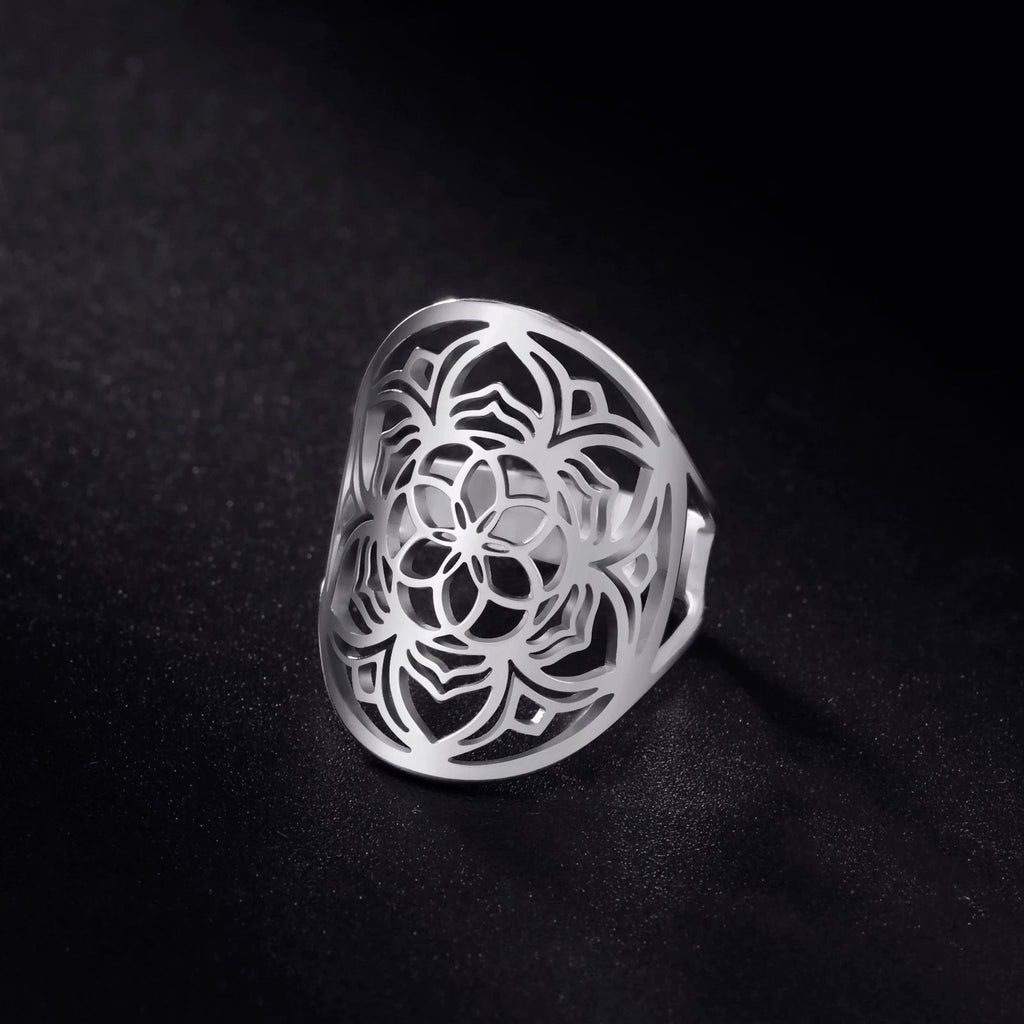 Mandala-Ring für Damen, Blumenring aus Silber