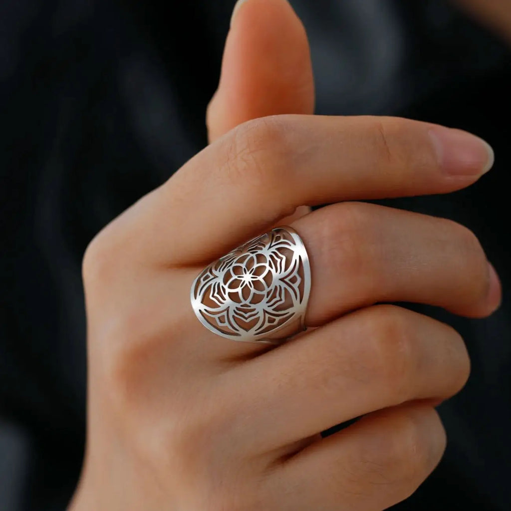 Mandala-Ring für Damen, Blumenring aus Silber