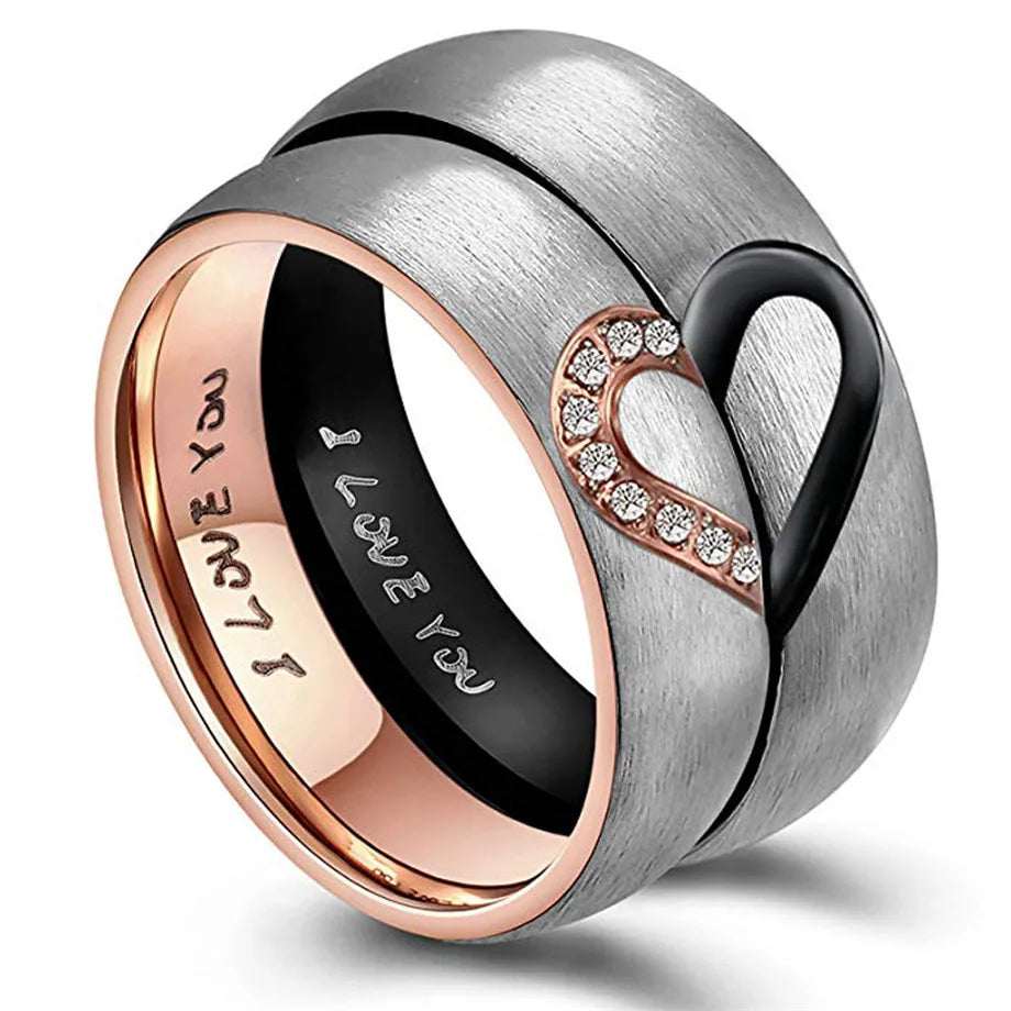 Beweis der Liebe Ring "Ich liebe dich" mit schwarzem Herz oder roséfarbenem Kristall