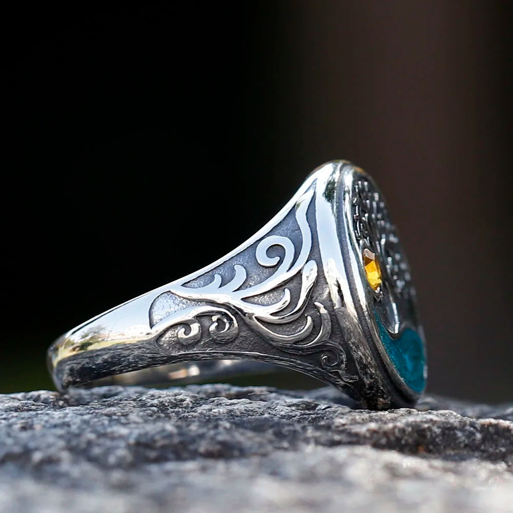 Runder Lebensbaum-Ring mit gelbem Kristall