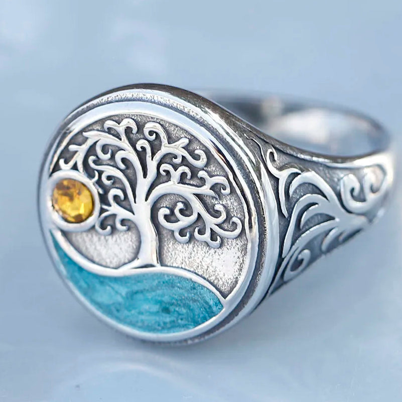 Runder Lebensbaum-Ring mit gelbem Kristall