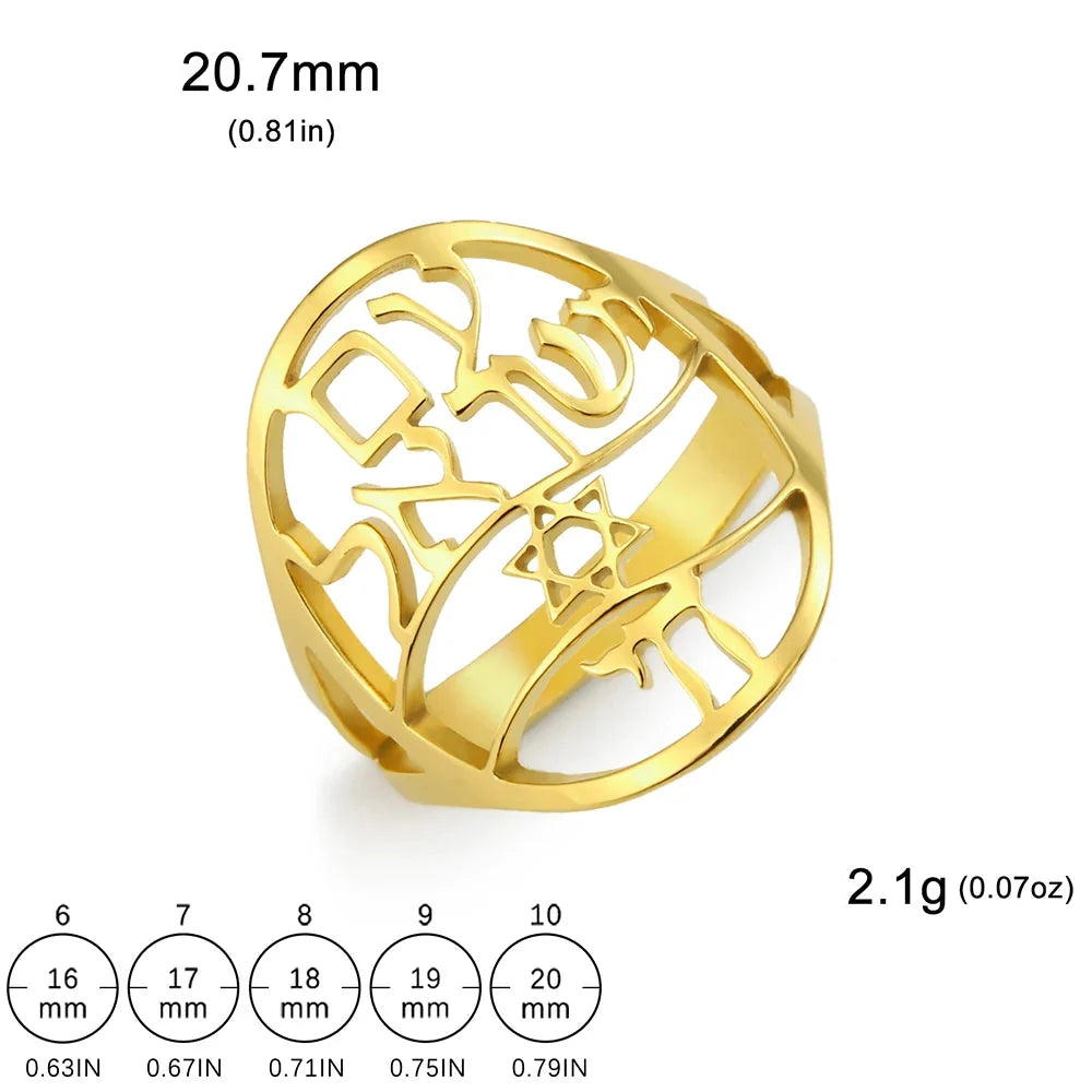 Symbolischer jüdischer Ring mit hebräischer Gravur Stern von David und Haï Chai