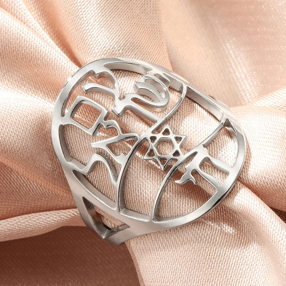 Symbolischer jüdischer Ring mit hebräischer Gravur Stern von David und Haï Chai in Silber