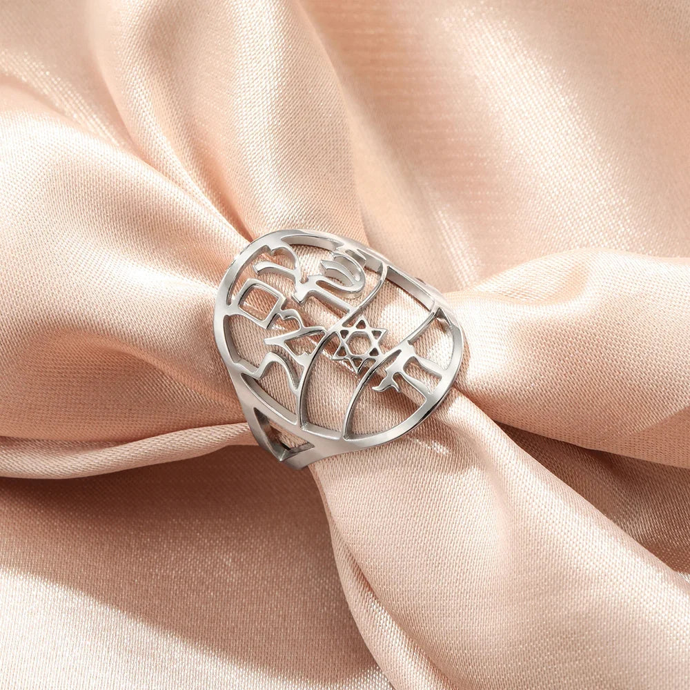 Symbolischer jüdischer Ring mit hebräischer Gravur Stern von David und Haï Chai in Silber