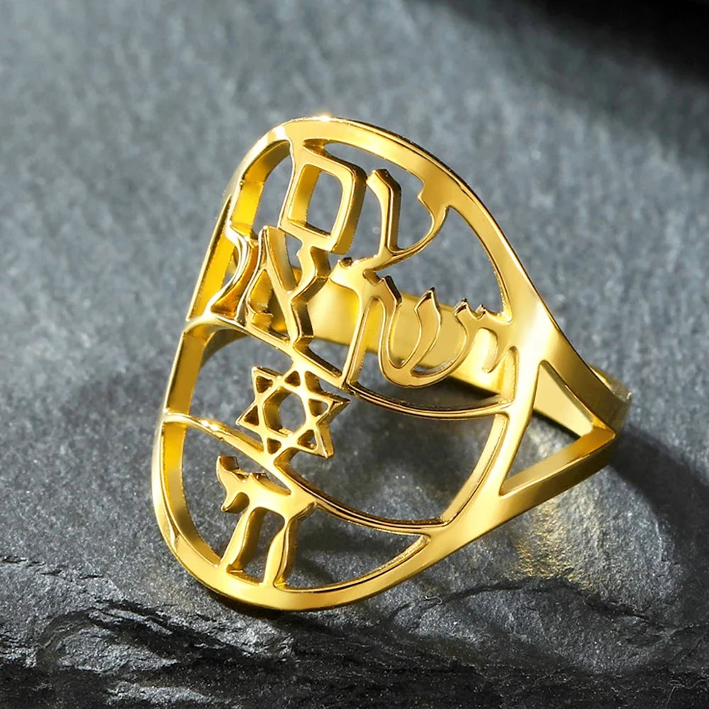 Symbolischer jüdischer Ring mit hebräischer Gravur Stern von David und Haï Chai in Gold