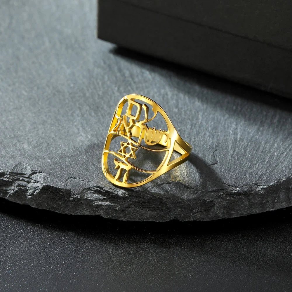 Symbolischer jüdischer Ring mit hebräischer Gravur Stern von David und Haï Chai in Gold