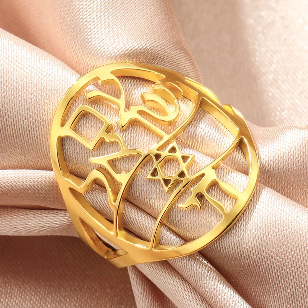 Symbolischer jüdischer Ring mit hebräischer Gravur Stern von David und Haï Chai in Gold